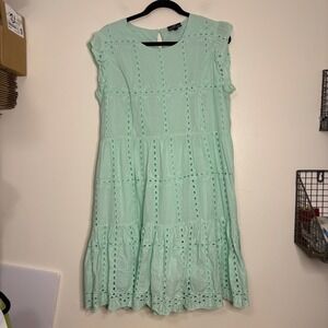Nursing Queen Mint Green Eyelet Midi Dress Size L Cotton Tiered Ruffle Sleeve